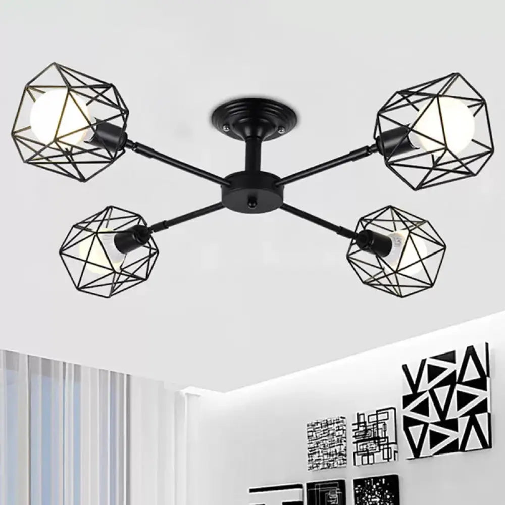 Iron Wire Cage Rotating Ceiling Chandelier - Warehouse Pendant Lamp 4/6/8-Light In Black 4 /