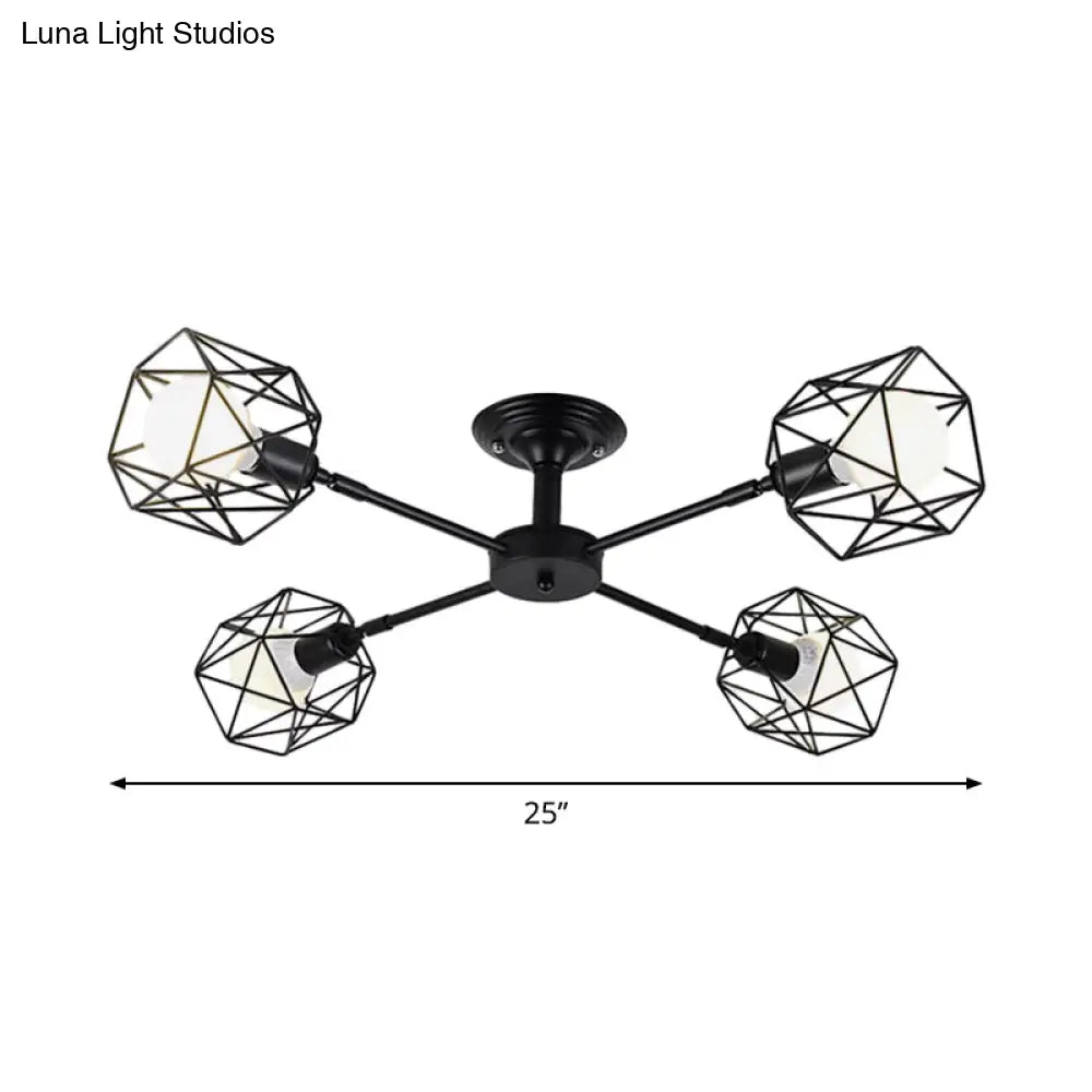 Iron Wire Cage Ceiling Chandelier - Rotating Pendant Lamp In Black For Bedroom 4/6/8-Light Option