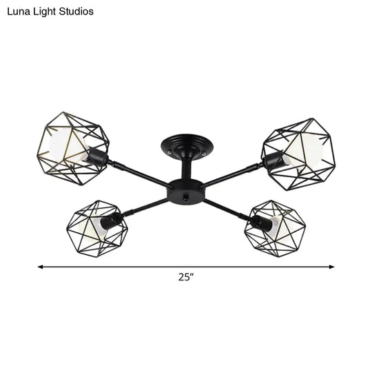 Iron Wire Cage Ceiling Chandelier - Rotating Pendant Lamp In Black For Bedroom 4/6/8-Light Option