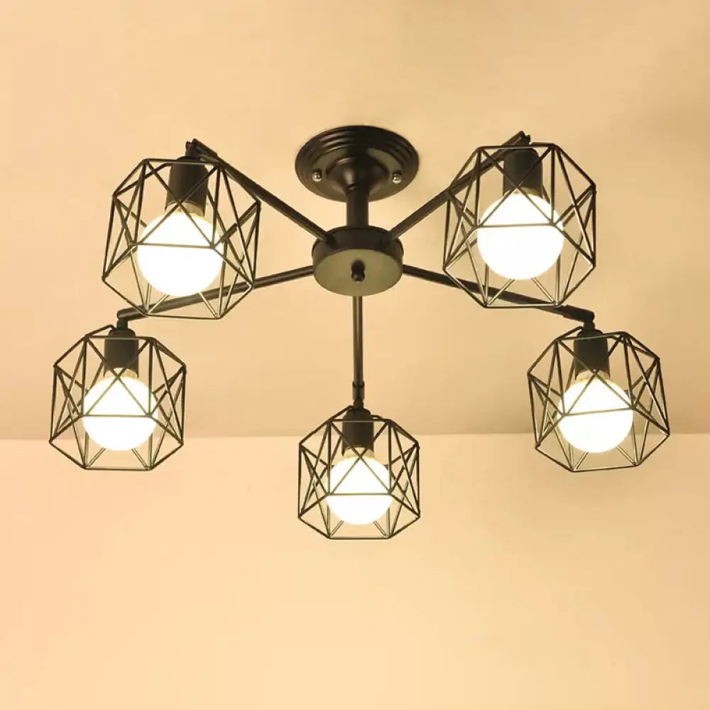 Iron Wire Cage Rotating Ceiling Chandelier - Warehouse Pendant Lamp 4/6/8-Light In Black 5 /