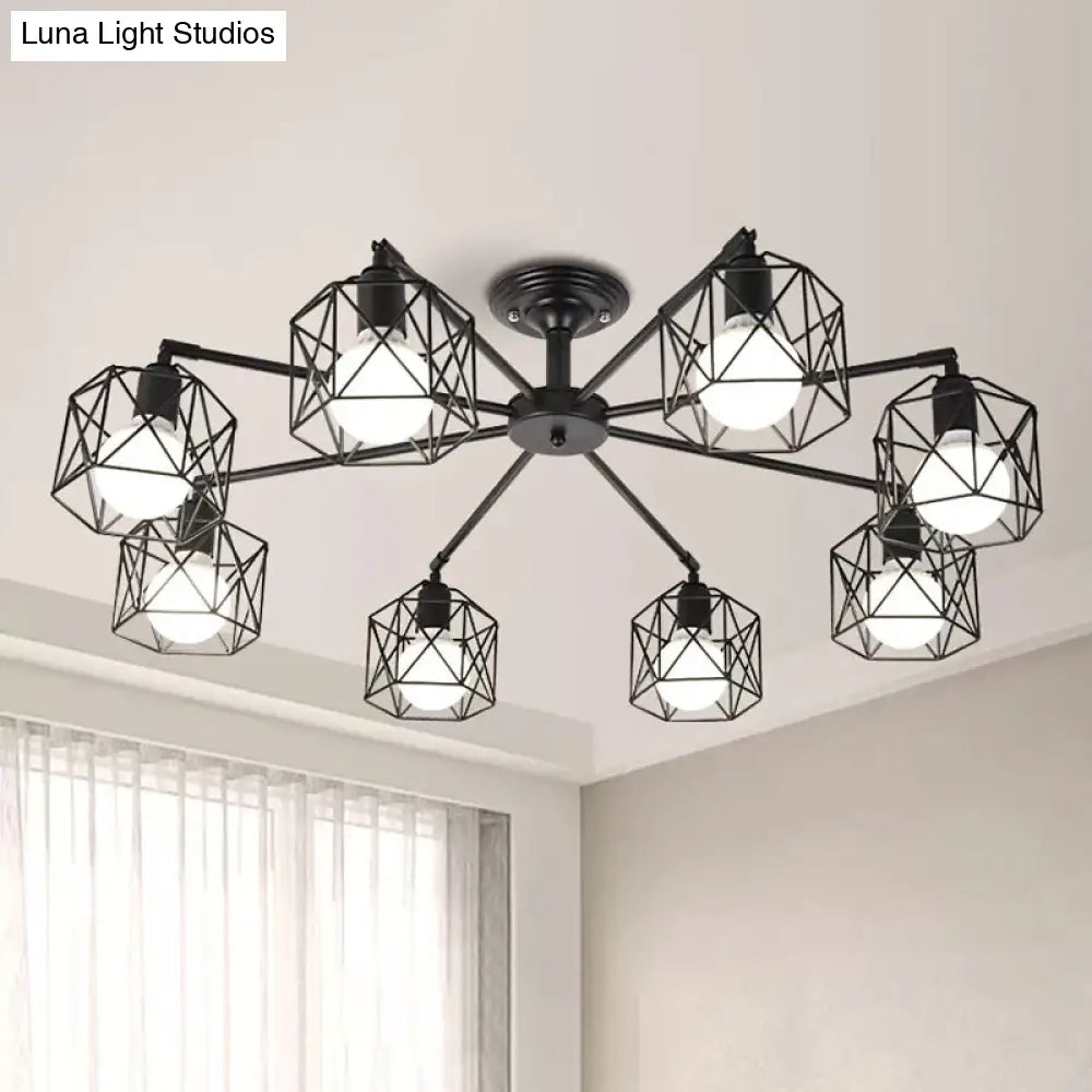 Iron Wire Cage Rotating Ceiling Chandelier - Warehouse Pendant Lamp 4/6/8-Light In Black