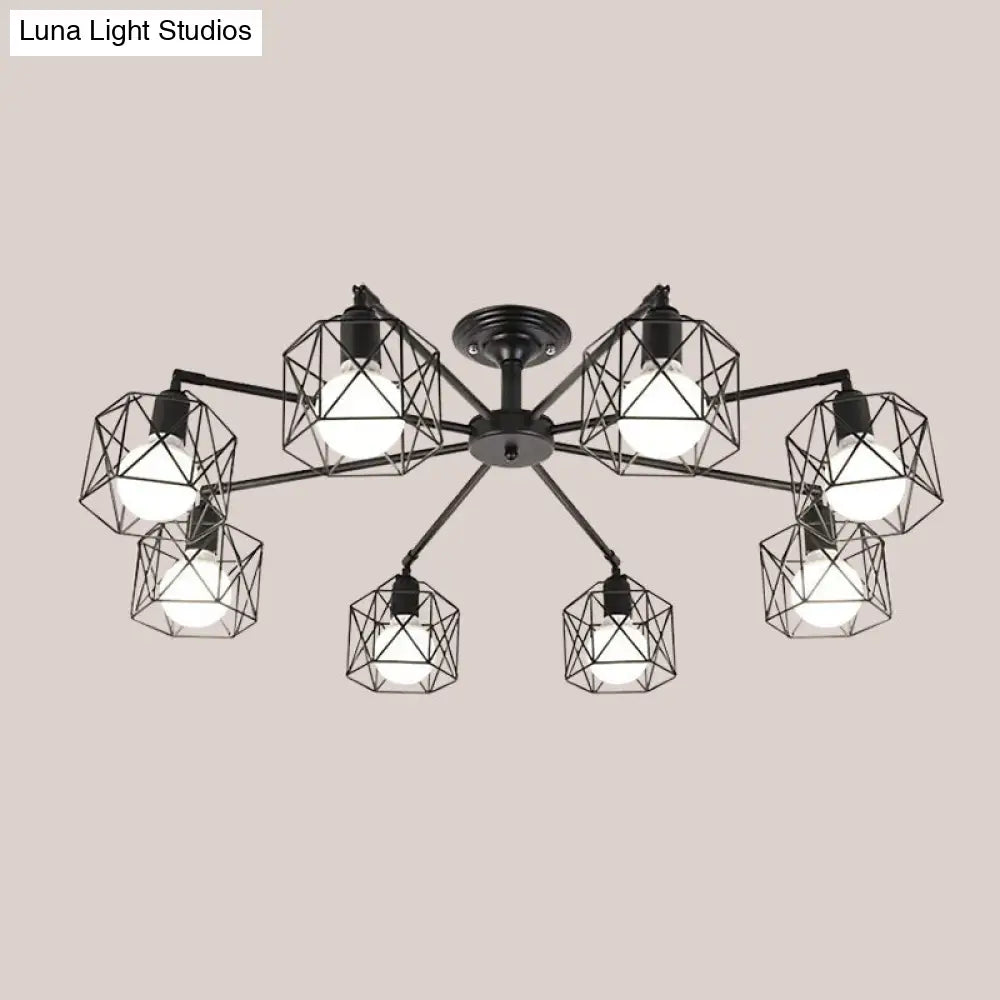 Iron Wire Cage Ceiling Chandelier - Rotating Pendant Lamp In Black For Bedroom 4/6/8-Light Option