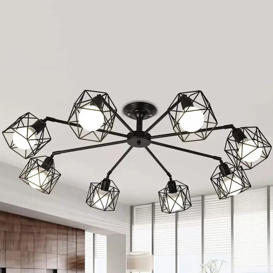 Iron Wire Cage Rotating Ceiling Chandelier - Warehouse Pendant Lamp 4/6/8-Light In Black 8 /