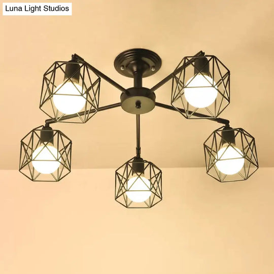 Iron Wire Cage Ceiling Chandelier - Rotating Pendant Lamp In Black For Bedroom 4/6/8-Light Option