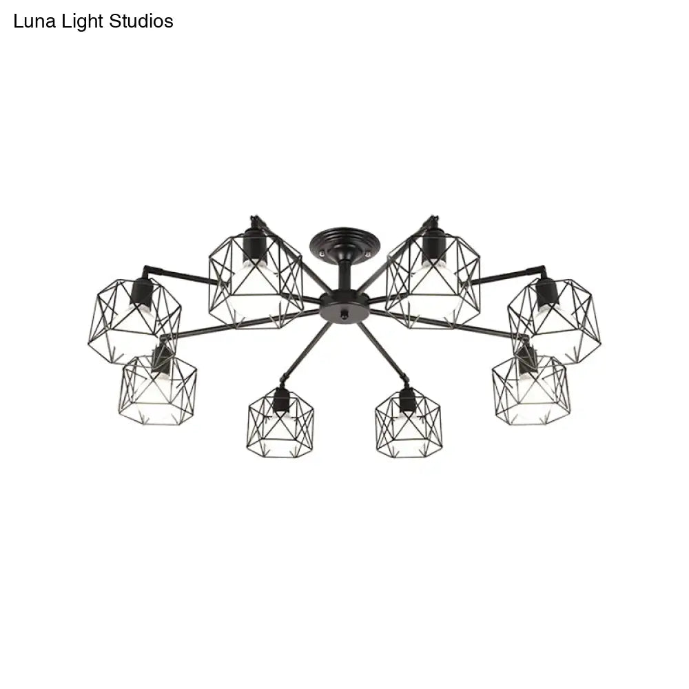 Iron Wire Cage Rotating Ceiling Chandelier - Warehouse Pendant Lamp 4/6/8-Light In Black