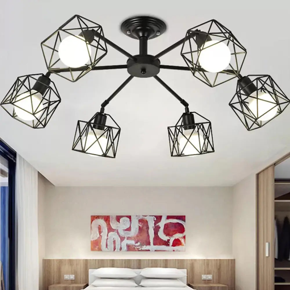 Iron Wire Cage Rotating Ceiling Chandelier - Warehouse Pendant Lamp 4/6/8-Light In Black 6 /