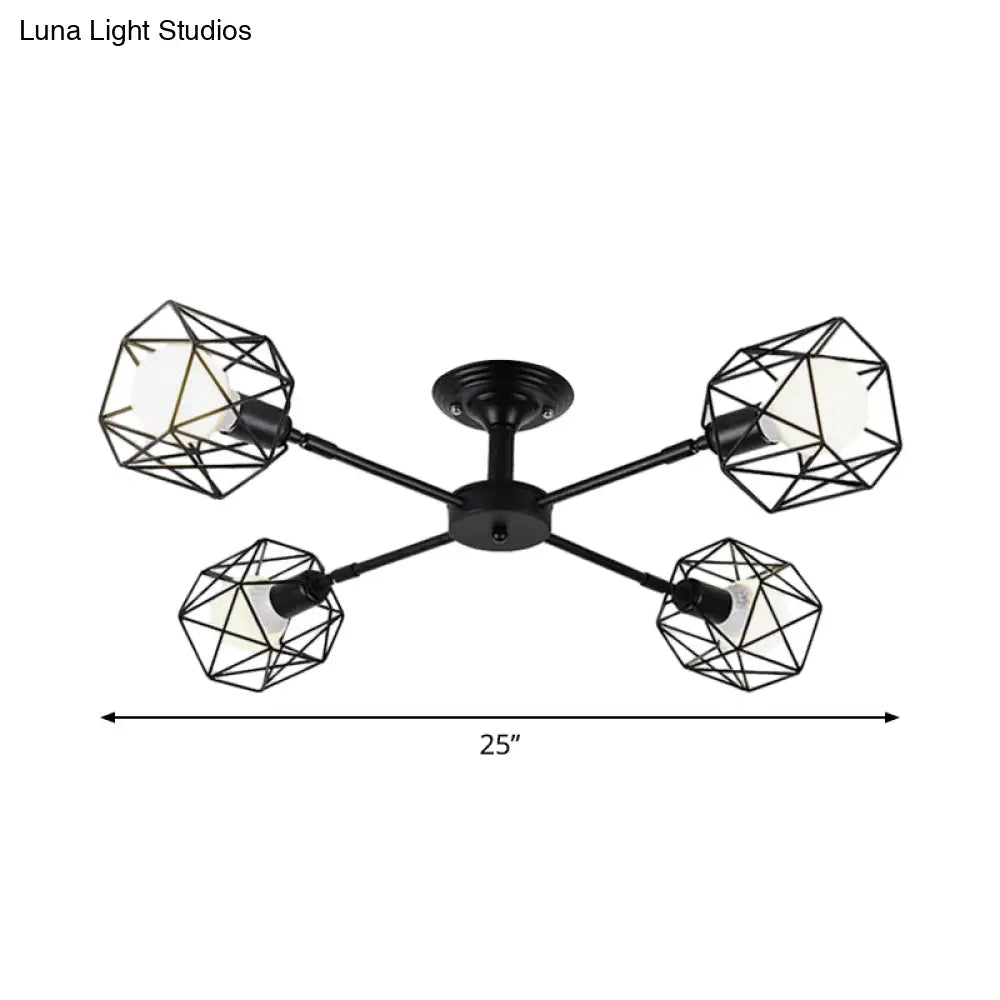 Iron Wire Cage Rotating Ceiling Chandelier - Warehouse Pendant Lamp 4/6/8-Light In Black