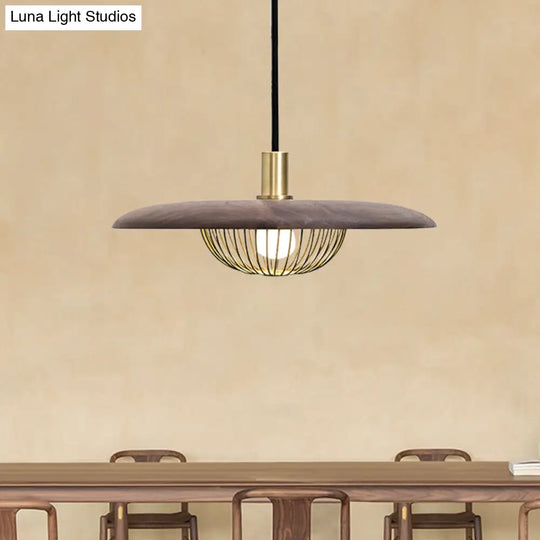 Modern Iron Wire Domed Pendant Light With Wooden Shade - Shop 1 Suspension Dark Wood