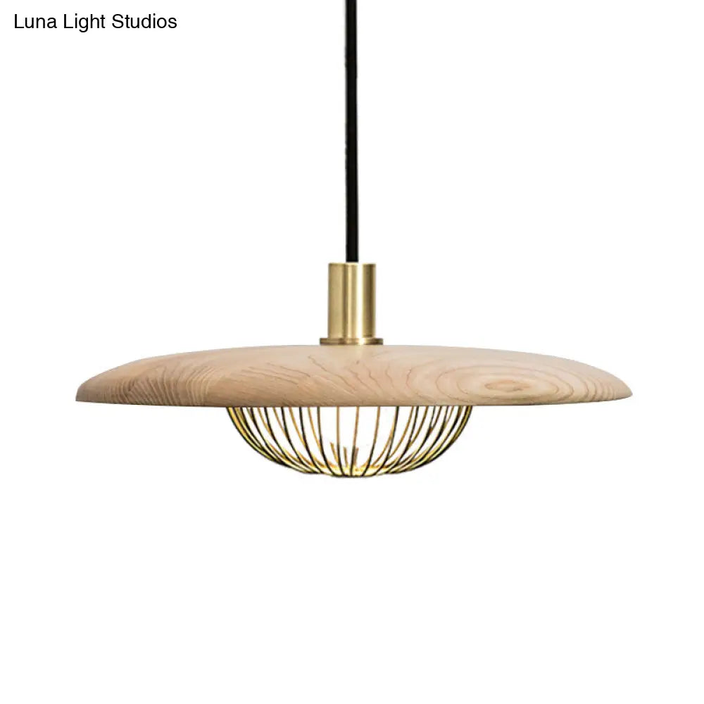 Iron Wire Domed Pendant Light With Wooden Shade - Modern And Suspended Lighting