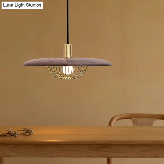 Iron Wire Domed Pendant Light With Wooden Shade - Modern And Suspended Lighting