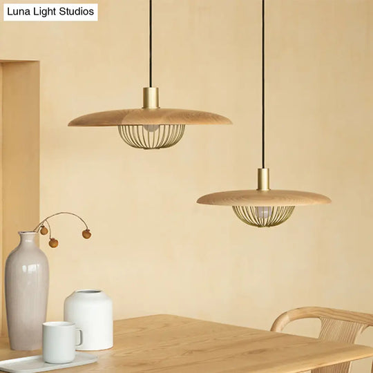 Iron Wire Domed Pendant Light With Wooden Shade - Modern And Suspended Lighting