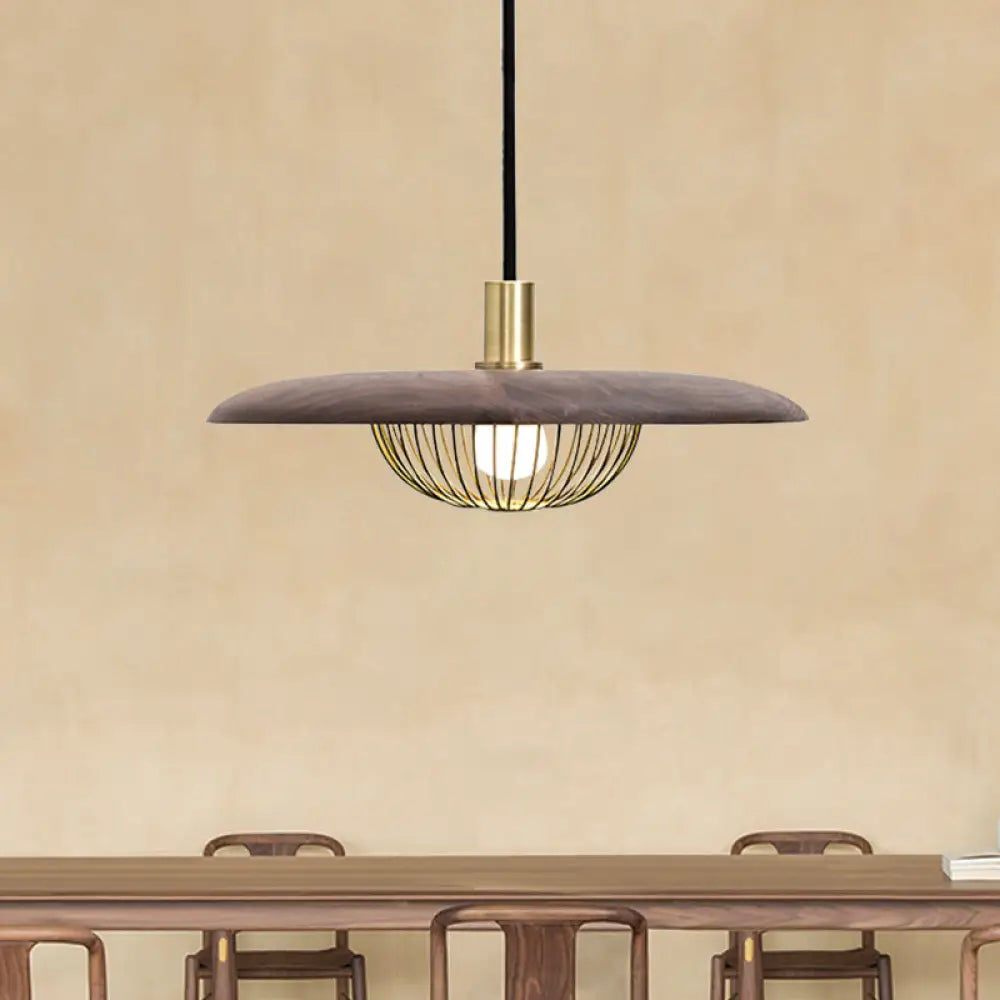 Iron Wire Domed Pendant Light With Wooden Shade - Modern And Suspended Lighting Dark Wood