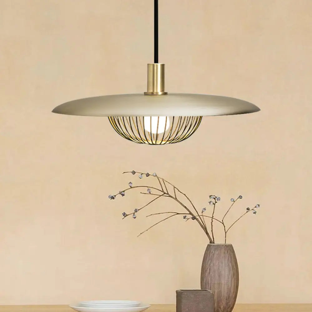 Iron Wire Domed Pendant Light With Wooden Shade - Modern And Suspended Lighting Gold