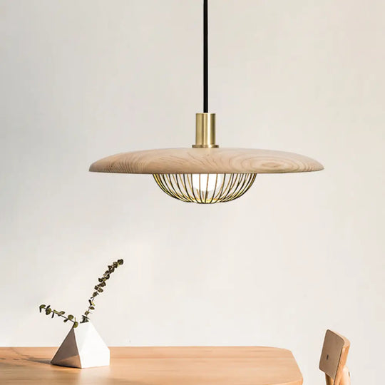 Iron Wire Domed Pendant Light With Wooden Shade - Modern And Suspended Lighting Wood