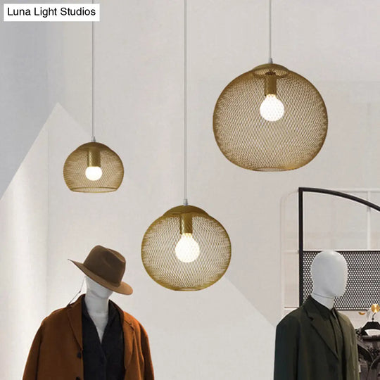 Iron Wire Pendant Light In Gold - Loft Style 1 Bulb Clothing Store Ceiling Lamp