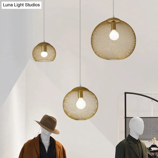 Iron Wire Pendant Light In Gold - Loft Style 1 Bulb Clothing Store Ceiling Lamp