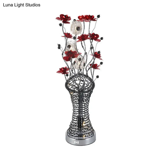 Twig Column Table Lamp - Decorative Aluminum Led Desk Lighting With Red And Black Floret Decor