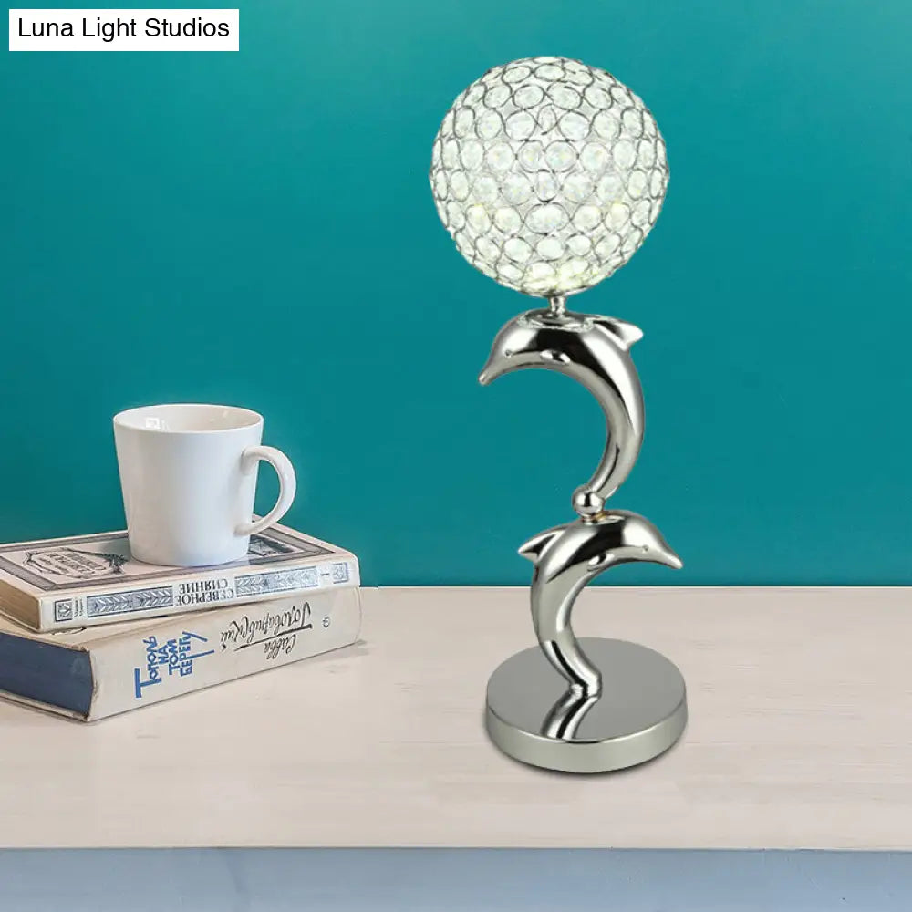 Modern Crystal Chrome Dolphin Table Lamp With Led Globe For Study Room Nightstand