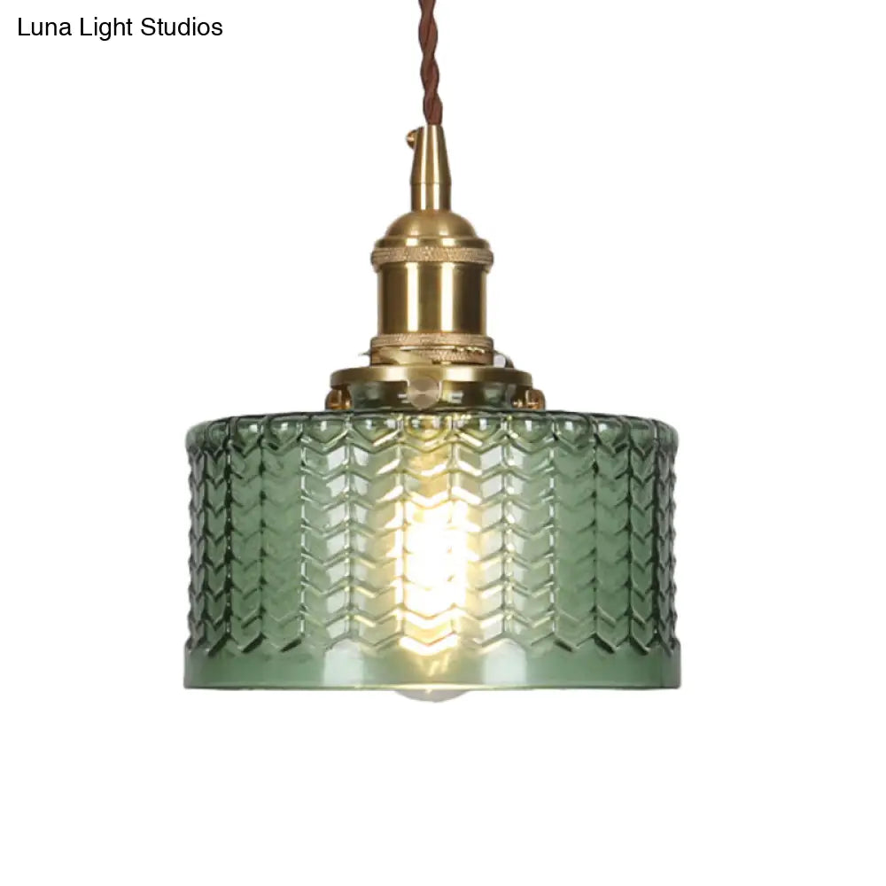 Isabella - Retro Short Cylinder Pendant Lighting 1 Head Clear/Green Wavy Glass Ceiling Hang Lamp