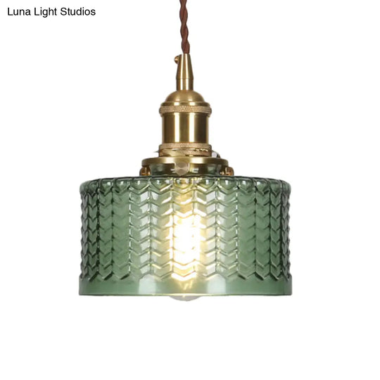 Isabella - Retro Short Cylinder Pendant Lighting 1 Head Clear/Green Wavy Glass Ceiling Hang Lamp