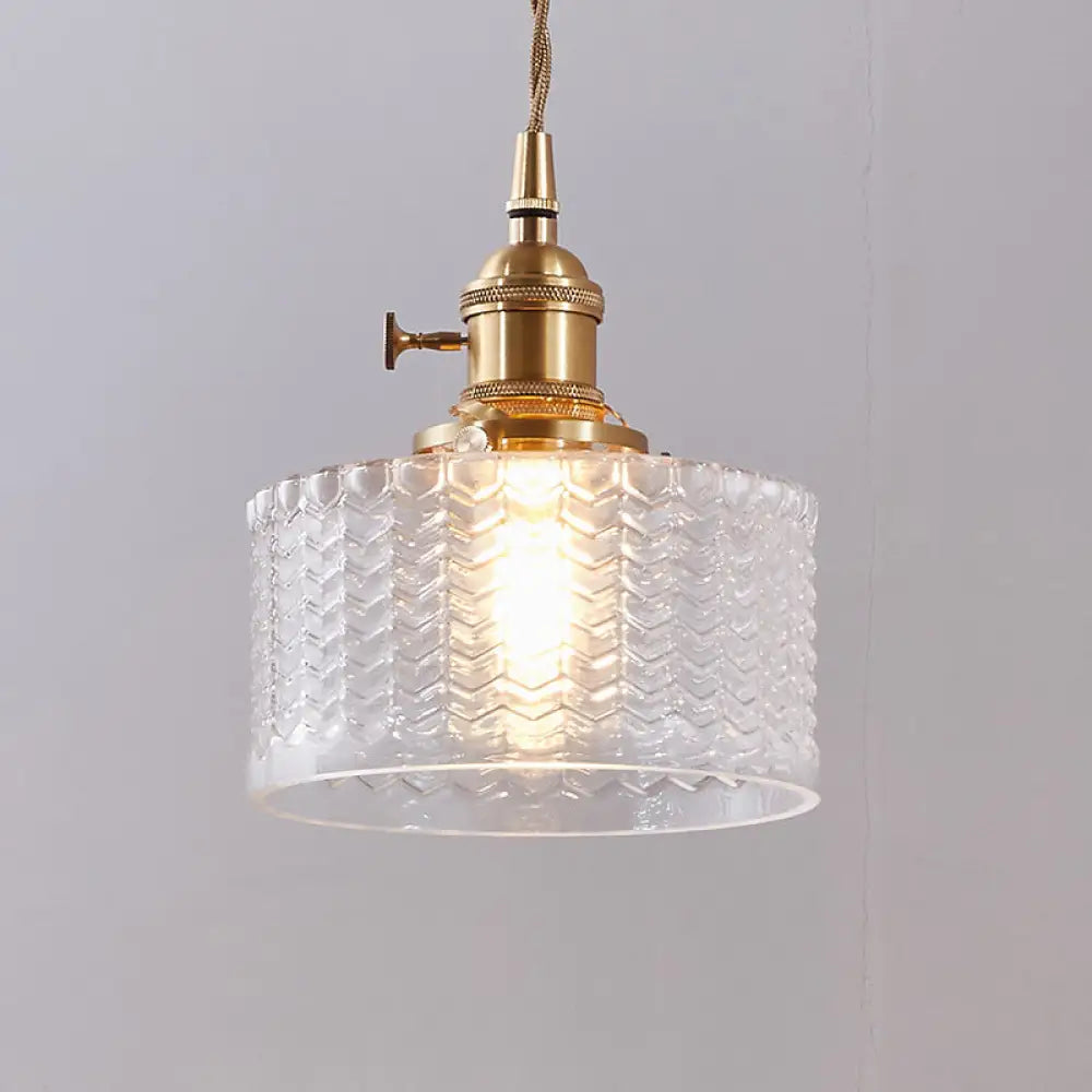 Isabella - Retro Short Cylinder Pendant Lighting 1 Head Clear/Green Wavy Glass Ceiling Hang Lamp