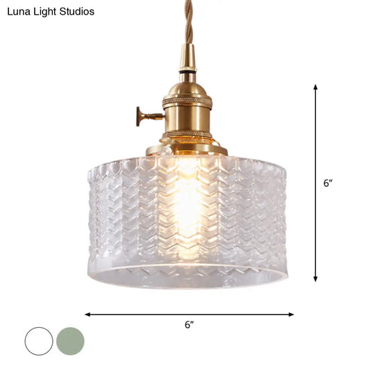 Isabella - Retro Short Cylinder Pendant Lighting 1 Head Clear/Green Wavy Glass Ceiling Hang Lamp