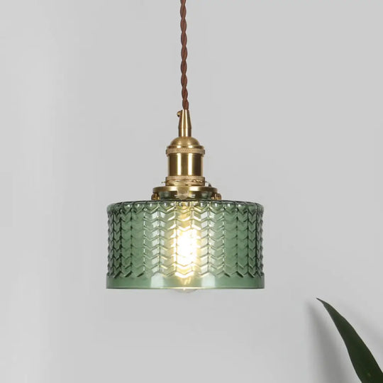 Isabella - Retro Short Cylinder Pendant Lighting 1 Head Clear/Green Wavy Glass Ceiling Hang Lamp