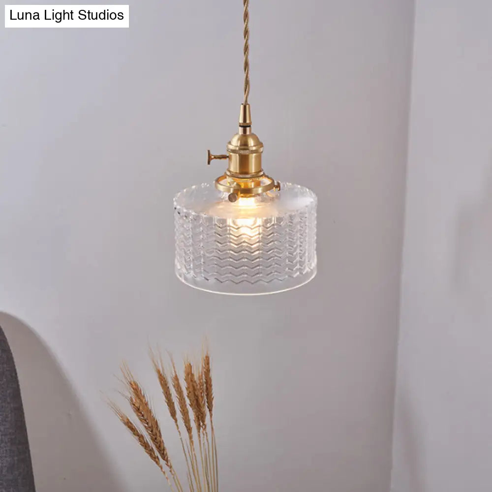 Isabella - Retro Short Cylinder Pendant Lighting 1 Head Clear/Green Wavy Glass Ceiling Hang Lamp