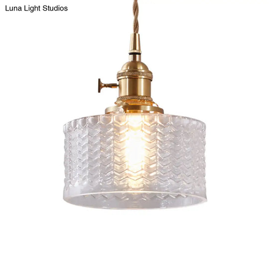 Isabella - Retro Short Cylinder Pendant Lighting 1 Head Clear/Green Wavy Glass Ceiling Hang Lamp