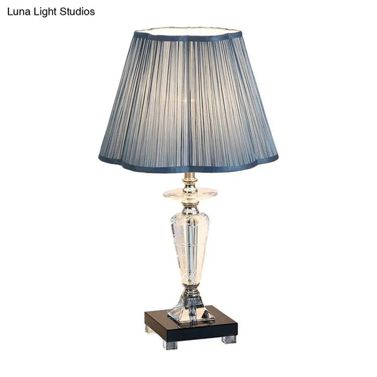 Blue Night Table Lamp With Crystal Urn Base And Floral Trim Shade - Traditional Fabric Lighting For