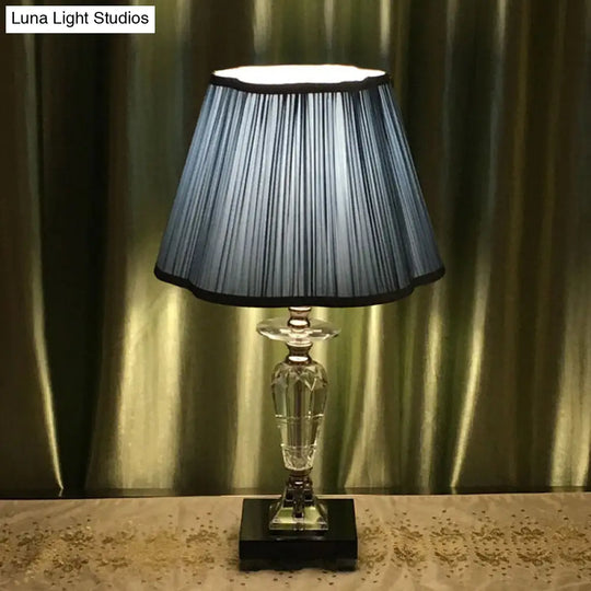 Blue Night Table Lamp With Crystal Urn Base And Floral Trim Shade - Traditional Fabric Lighting For