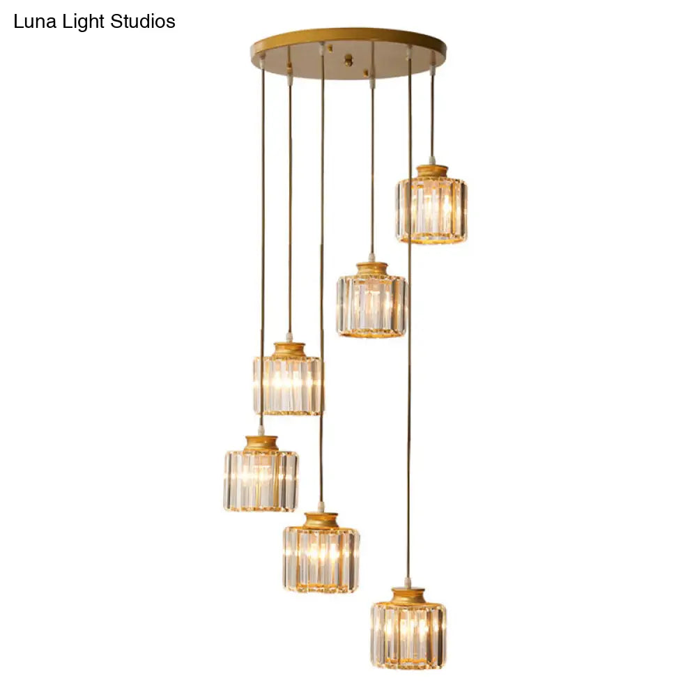 Isabelle - Modern Cylinder Staircase Multi Ceiling Light Clear Crystal Suspension Fixture