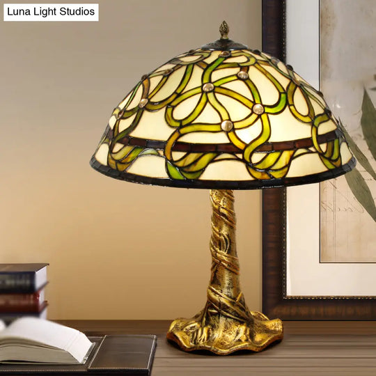 Baroque Stained Glass Table Lamp: Hand-Cut Bowl Design With Pull Chains Brass Finish