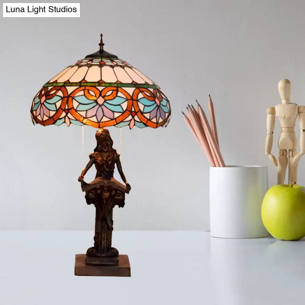 Tiffany-Style Study Table Lamp With Pull-Chain 2 Bulbs And Beautiful Glass Shade