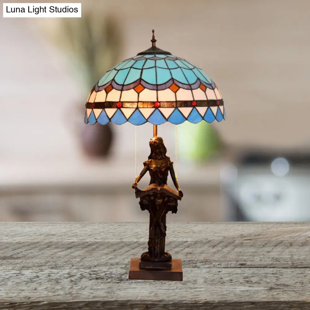 Isla - Girl Studying Tiffany-Style Table Light: 2-Bulb Resin Night Lamp With Blue-White