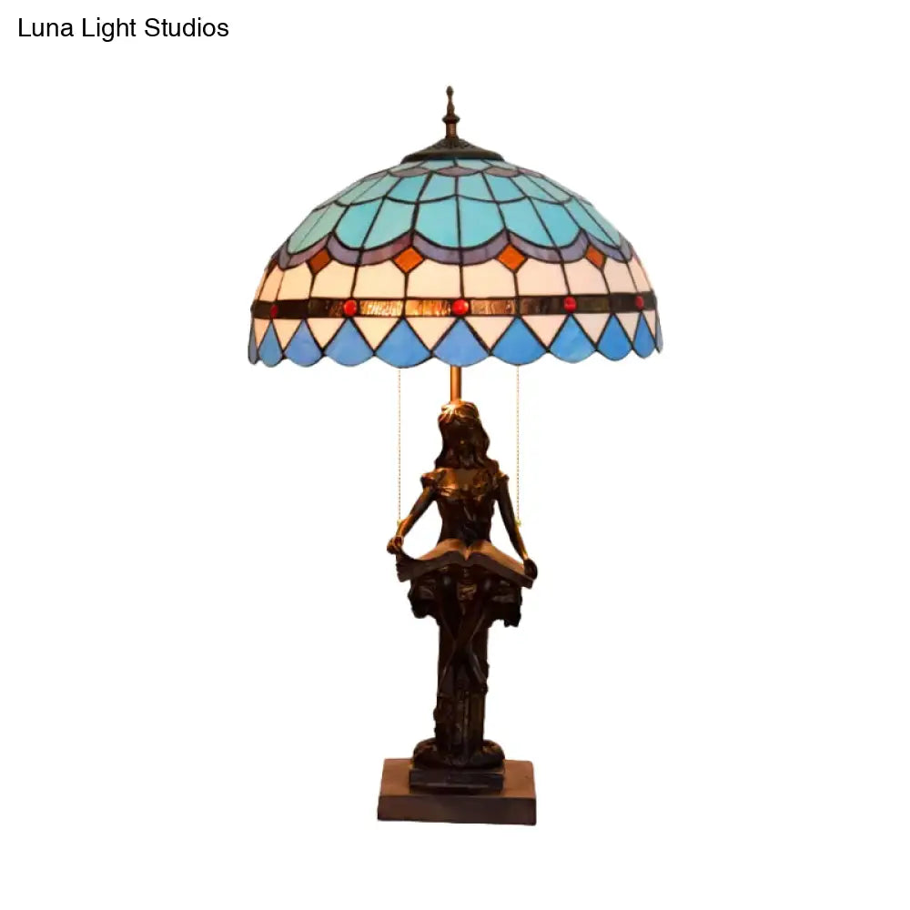 Tiffany-Style Study Table Lamp With Pull-Chain 2 Bulbs And Beautiful Glass Shade