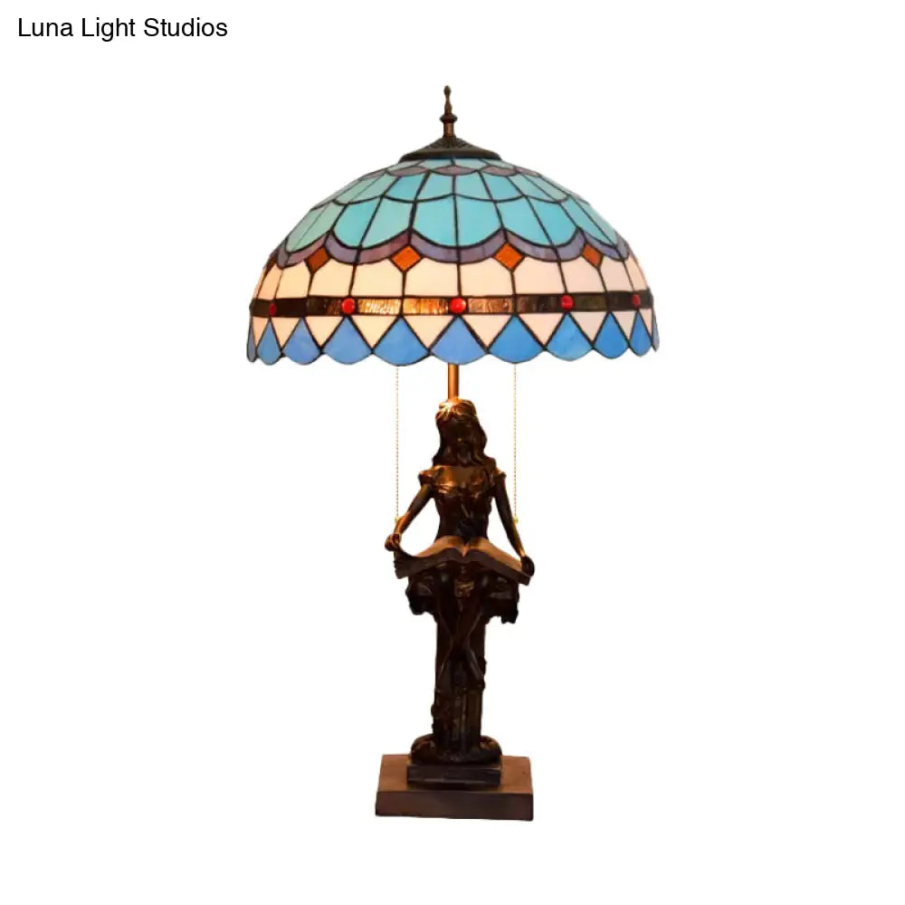 Isla - Girl Studying Tiffany-Style Table Light: 2-Bulb Resin Night Lamp With