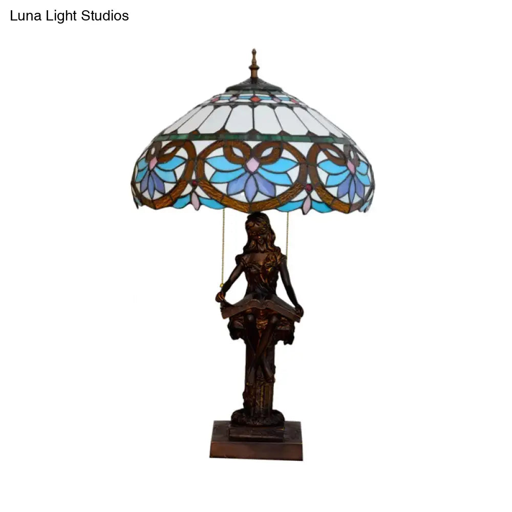 Isla - Girl Studying Tiffany-Style Table Light: 2-Bulb Resin Night Lamp With