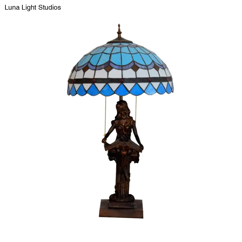 Tiffany-Style Study Table Lamp With Pull-Chain 2 Bulbs And Beautiful Glass Shade