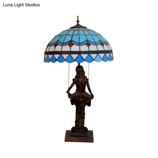 Tiffany-Style Study Table Lamp With Pull-Chain 2 Bulbs And Beautiful Glass Shade