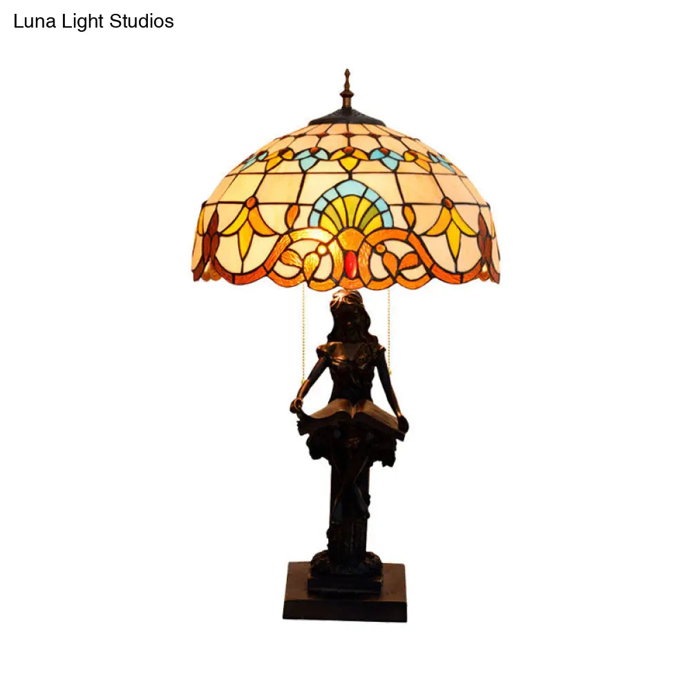 Tiffany-Style Study Table Lamp With Pull-Chain 2 Bulbs And Beautiful Glass Shade