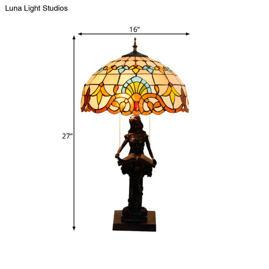 Isla - Girl Studying Tiffany-Style Table Light: 2-Bulb Resin Night Lamp With