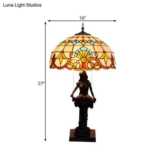 Tiffany-Style Study Table Lamp With Pull-Chain 2 Bulbs And Beautiful Glass Shade