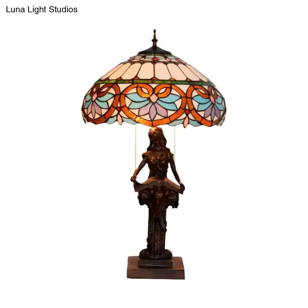 Isla - Girl Studying Tiffany-Style Table Light: 2-Bulb Resin Night Lamp With