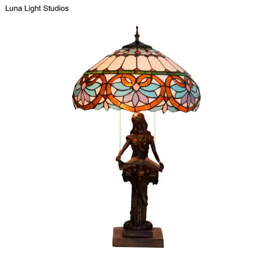 Isla - Girl Studying Tiffany-Style Table Light: 2-Bulb Resin Night Lamp With