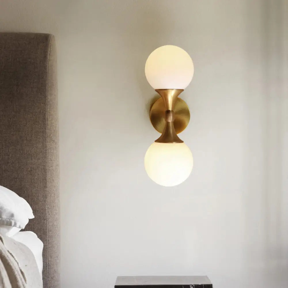 Ivory Glass Ball Wall Lamp With 2-Head Brass Sconce For Bedroom