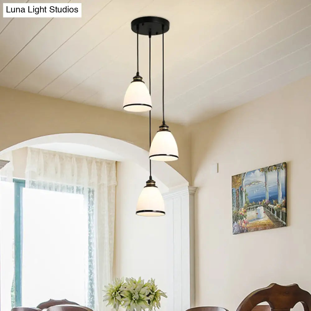 Ivory Glass Bell Pendant Light Cluster With Minimalist Design And Black Canopy - 3 Lights