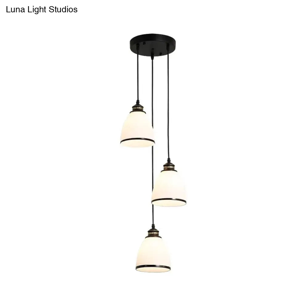 Ivory Glass Bell Pendant Light Cluster With Minimalist Design And Black Canopy - 3 Lights