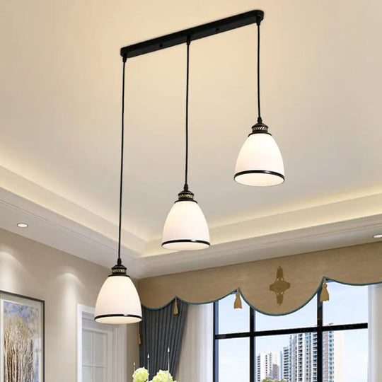 Ivory Glass Bell Pendant Light Cluster With Minimalist Design And Black Canopy - 3 Lights / Linear