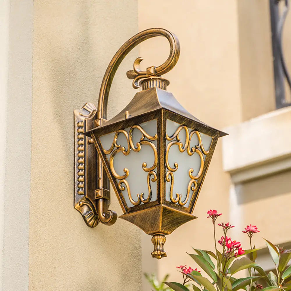 Ivory Glass Bronze Wall Lamp Lantern - Outdoor Countryside Sconce Light Fixture / B